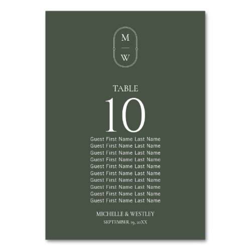 Moss Green Monogram Wedding Seating Chart Table Number
