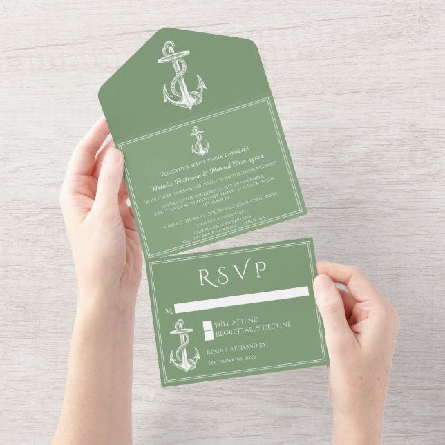 Moss Green Nautical Anchor All In One Invitation (Tearaway)