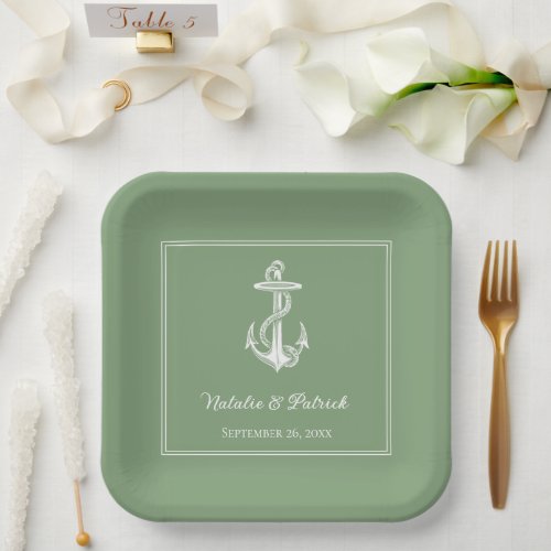 Moss Green Nautical Anchor Wedding Paper Plates