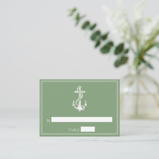 Moss Green Nautical Anchor Wedding Place Cards (Standing Front)