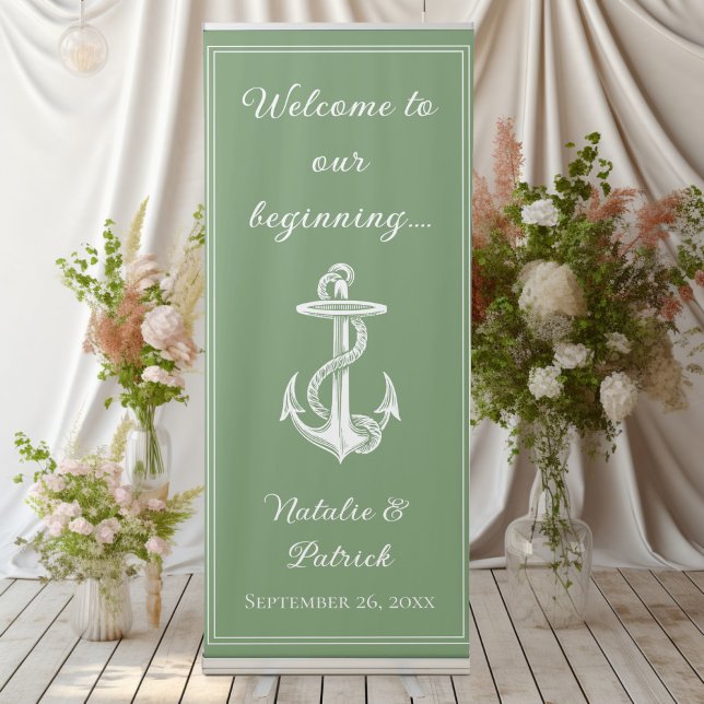 Moss Green Nautical Anchor Wedding Retractable Banner (Moss Green Nautical Anchor Wedding Welcome Retractable Banner)