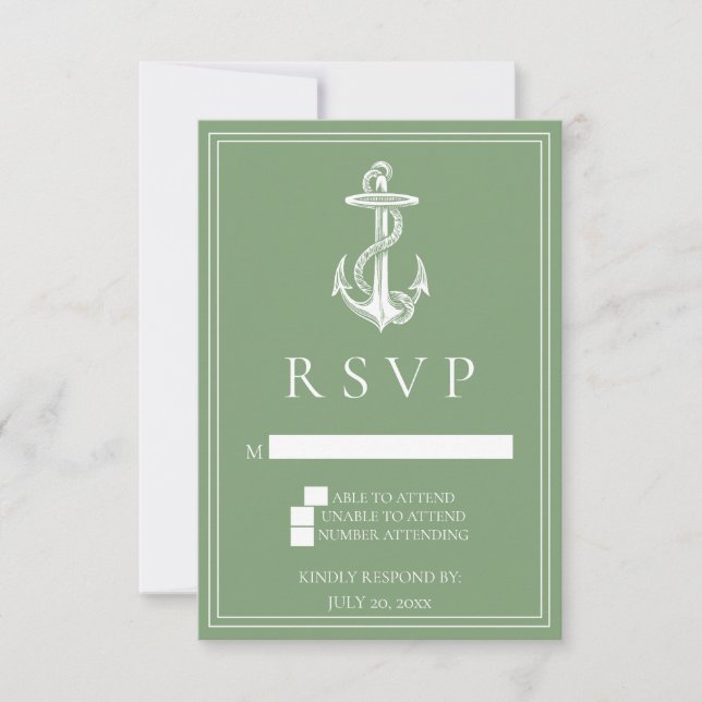 Moss Green Nautical Anchor Wedding RSVP Card (Front)