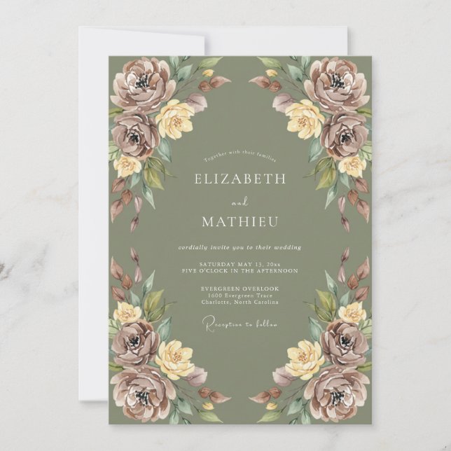Moss Green Pastoral Floral Wedding Invitation (Front)