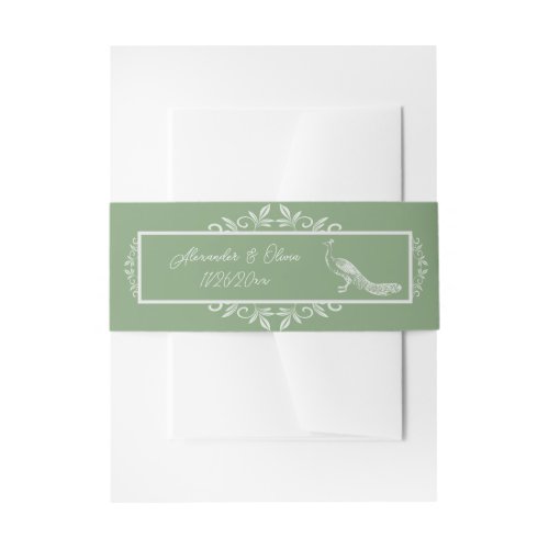 Moss Green Peacock Flourish Invitation Belly Band