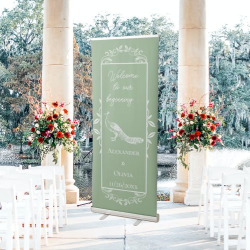 Moss Green Peacock Flourish Wedding Retractable Banner