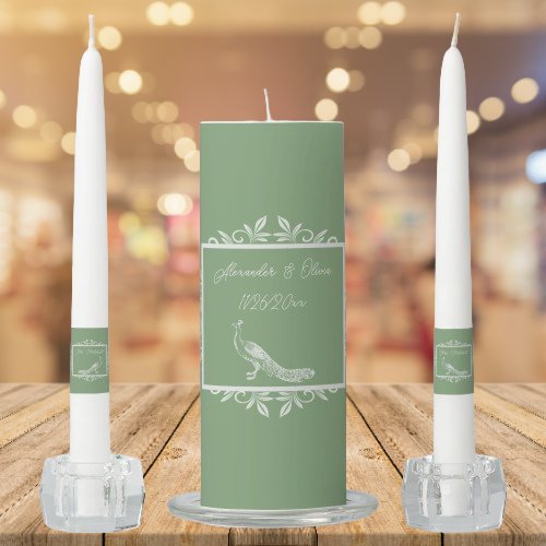 Moss Green Peacock Flourish Wedding Unity Candle Set