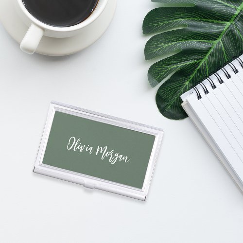 Moss Green Sketched Cursive Script Business Card Case