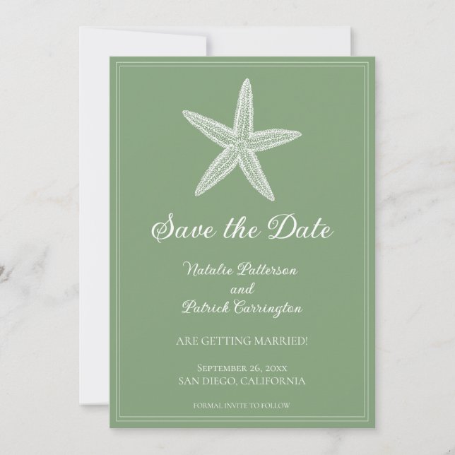 Moss Green Starfish Save the Date Invite (Front)