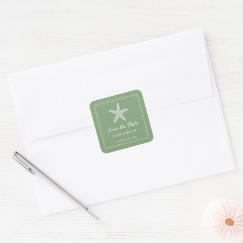 Moss Green Starfish Save the Date Square Sticker
