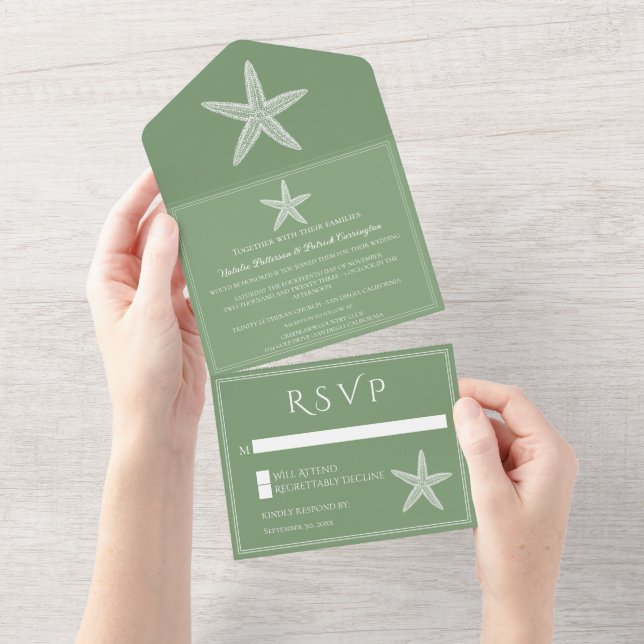 Moss Green Starfish Wedding All In One Invitation (Tearaway)
