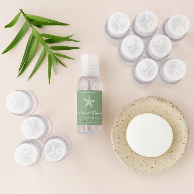 Moss Green Starfish Wedding Hand Sanitizer (Laydown)