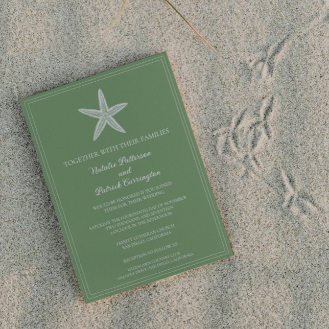 Moss Green Starfish Wedding Invitation (Moss Green Starfish Wedding Invitation)