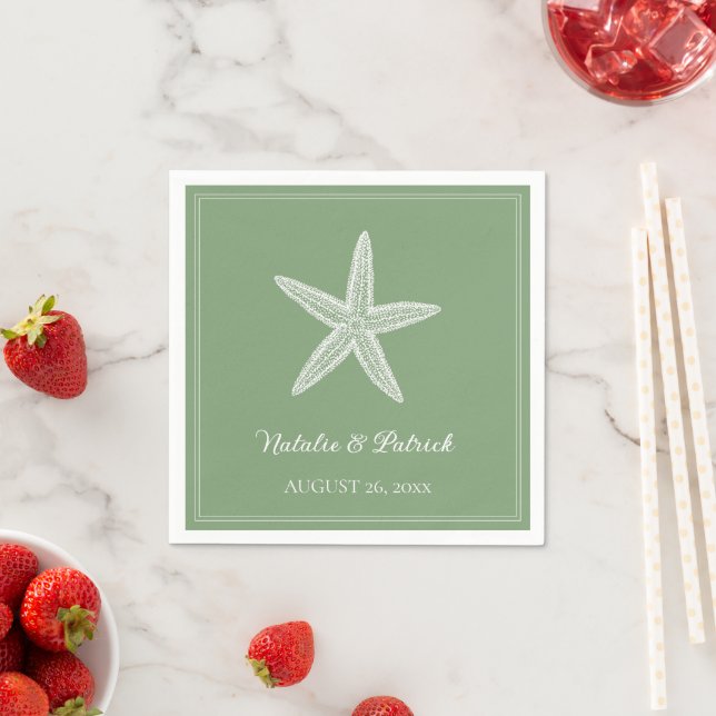 Moss Green Starfish Wedding Napkins (Insitu)