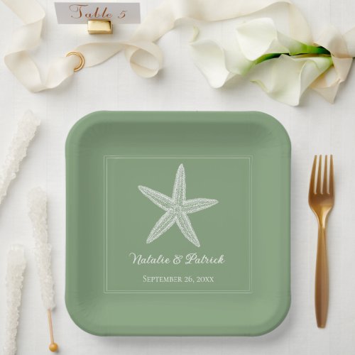 Moss Green Starfish Wedding Paper Plates