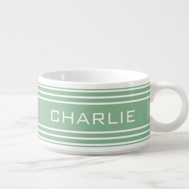 Moss Green Stripes custom monogram chili bowl (Left)