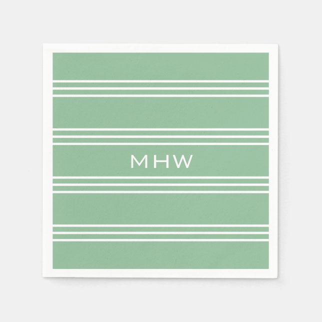 Moss Green Stripes custom monogram paper napkins (Front)