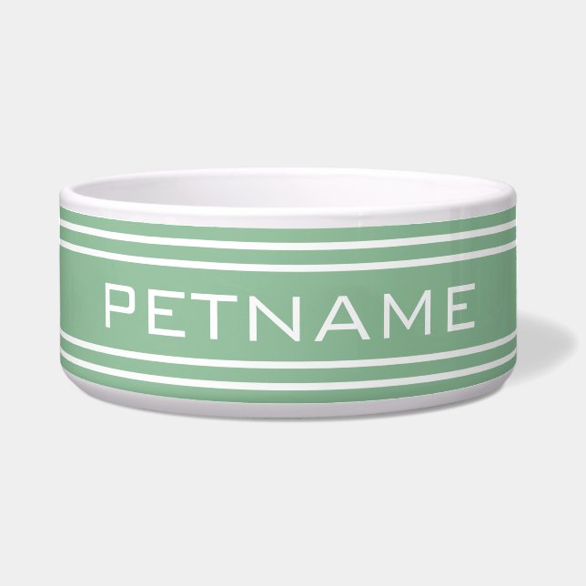 Moss Green Stripes custom monogram pet bowls (Front)