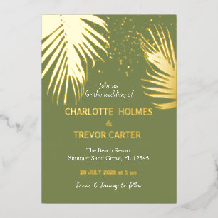 Moss Green Tropical Palms Summer Beach Wedding Foil Invitation