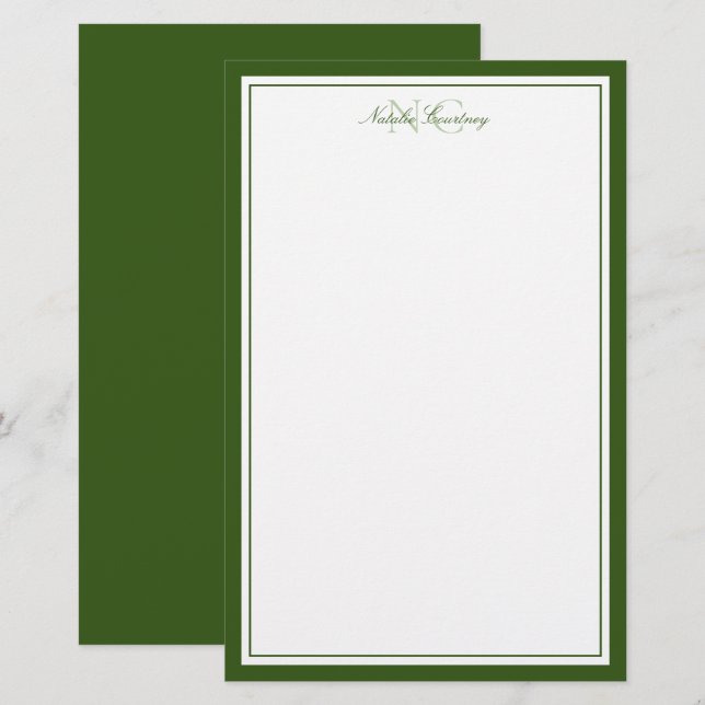Moss Green Two Monogram Thick and Thin Border  Stationery (Front/Back)