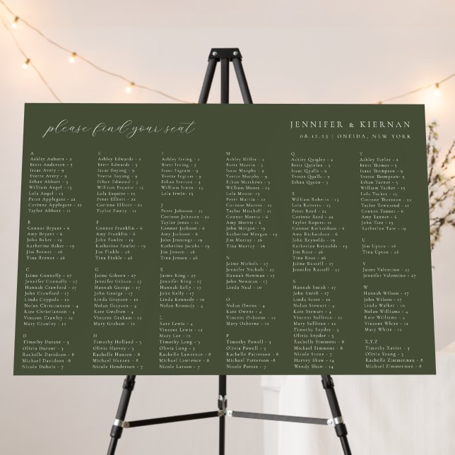 Moss Green Wedding Alphabetical Seating Chart Foam Board (In Situ (Stand))