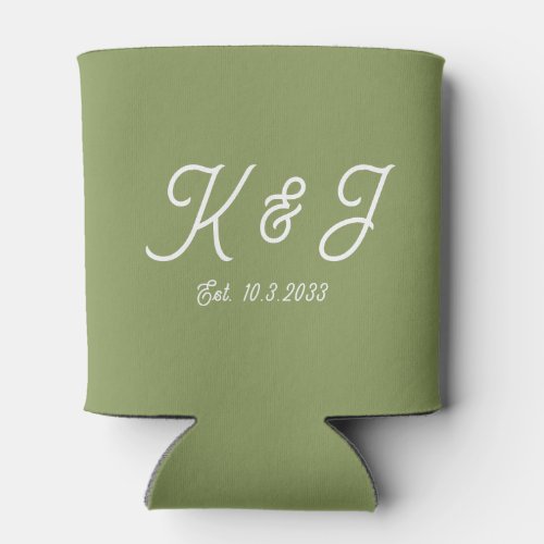 Moss Green Wedding Favor Monogrammed Can Cooler