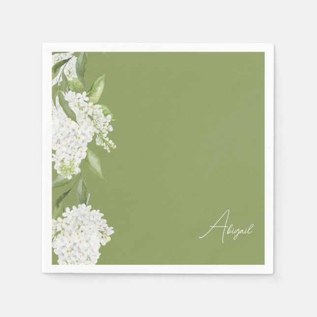Moss Green White Floral Script Name Bridal Shower Napkins (Front)