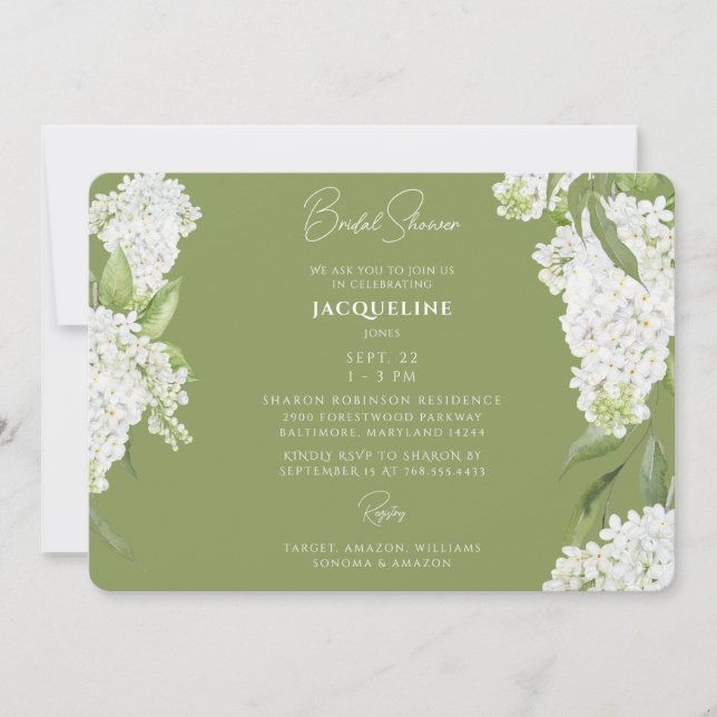 Moss Green White Hydrangeas Bridal Shower II Invitation (Front)