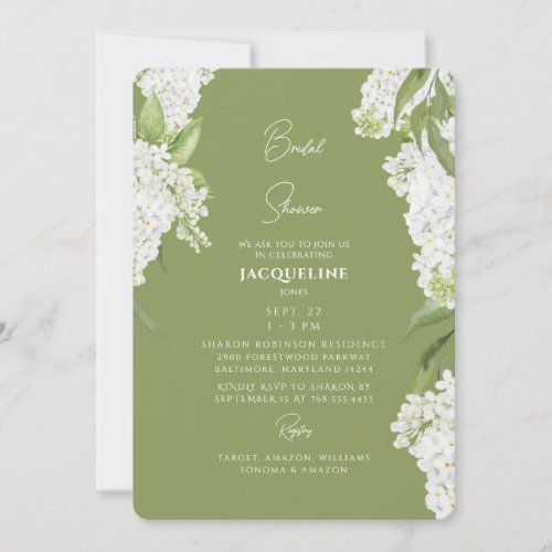 Moss Green White Hydrangeas Bridal Shower Invitation