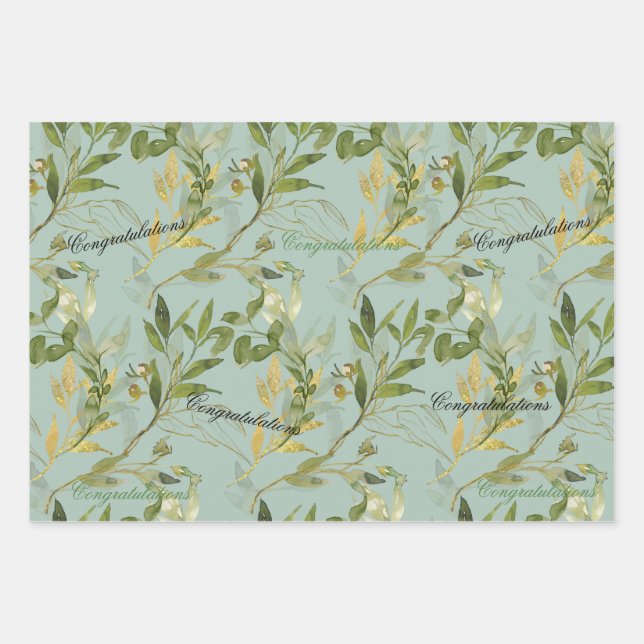Moss Green with Leaves Congratulations Wrapping Paper Sheets (Front 2)