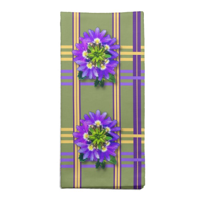 Moss Green with Purple Flowers Cloth Napkin (Folded)