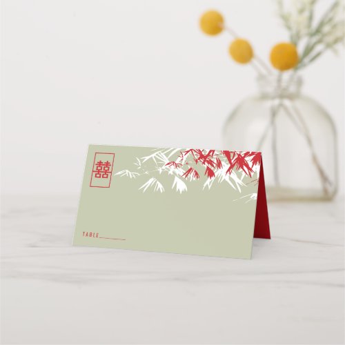 Moss  Red Bamboo Leaves Double Xi Chinese Wedding Place Card