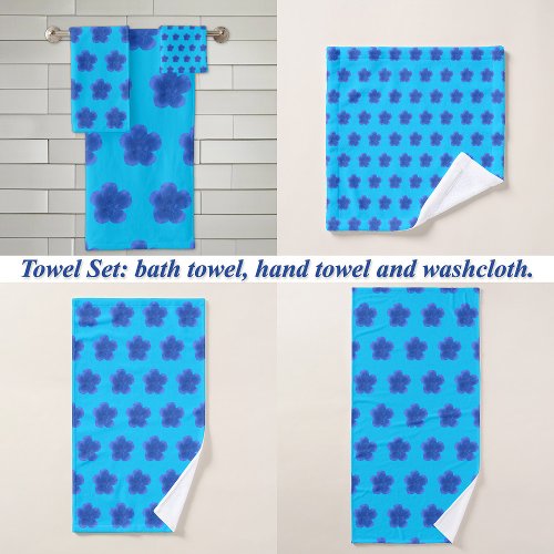 Moss Rose Flower Seamless Pattern on Light Blue Bath Towel Set