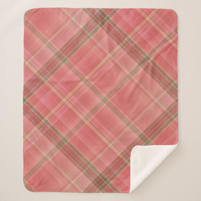 Moss Rose Pink and Green Plaid Sherpa Blanket (Front)