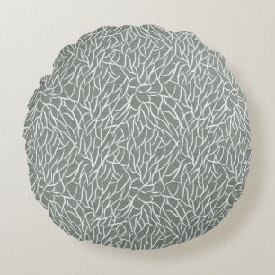 Moss sage green boho bare coral branches round pillow