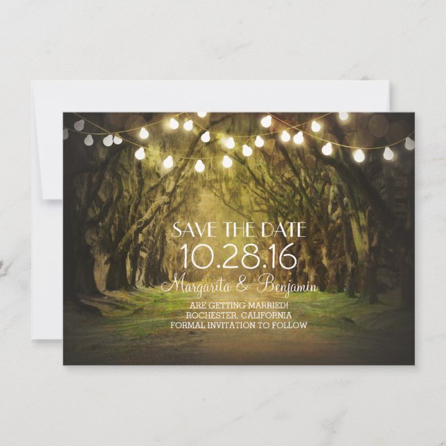Moss Tree Path Rustic String Lights Save the Date (Front)