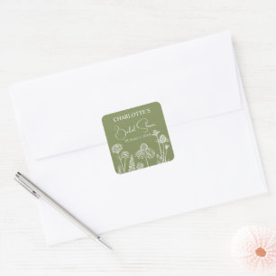Moss Wildflowers Sketched Floral Bridal Shower Square Sticker