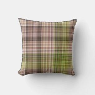 Mossy Bark Brown and Green Plaid Throw Pillow
