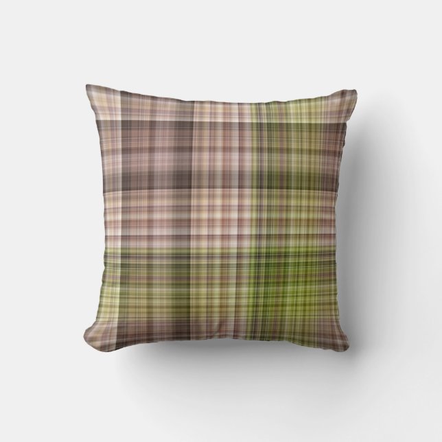 Mossy Bark Brown and Green Plaid Throw Pillow (Front)