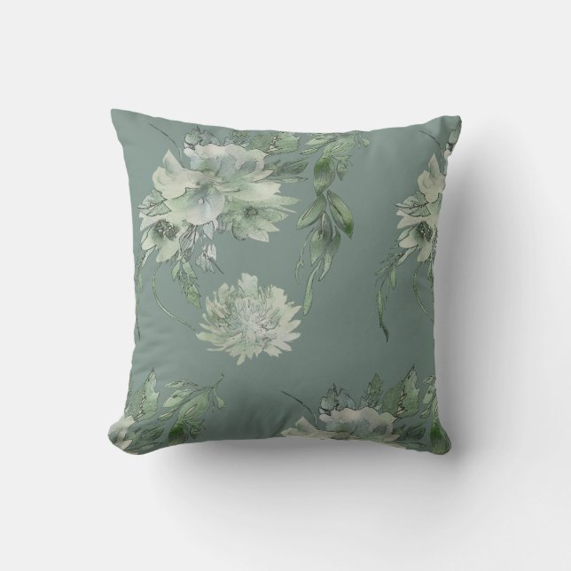 Mossy Green Floral Mystique Contemporary 16x16 Throw Pillow (Front)