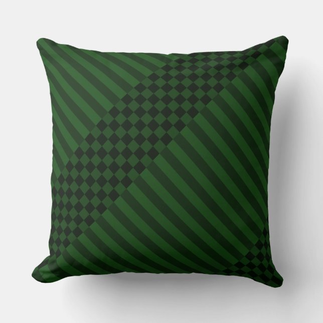 Mossy-Green Stripes & Checkers Throw Pillow (Front)