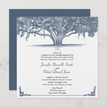 Mossy Oak Tree In Blue Wedding Invitation by NoteableExpressions at Zazzle
