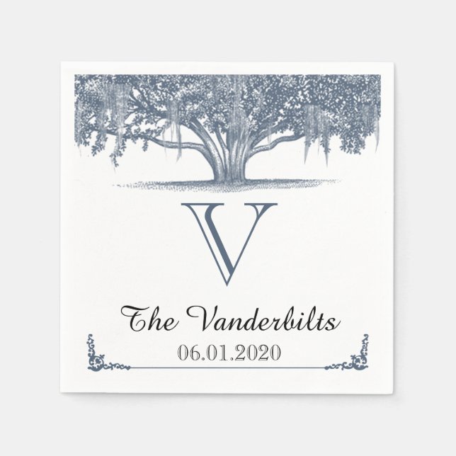 Mossy Oak Tree in Blue Wedding Napkin (Front)
