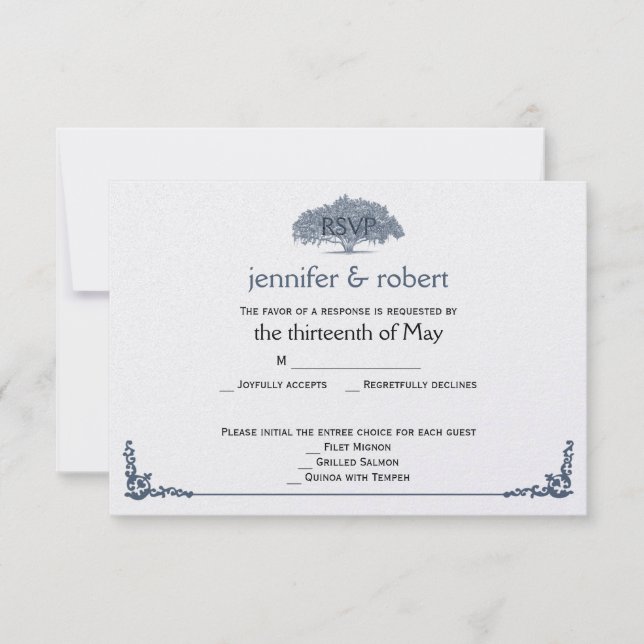 Mossy Oak Tree in Blue Wedding Response Card (Front)