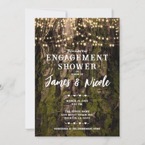 Mossy Tree Woodsy Forest Sparkle Lights Engagement Invitation
