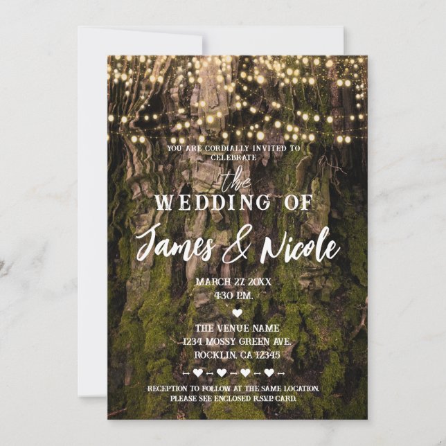 Mossy Tree Woodsy Forest Sparkle Lights Wedding Invitation (Front)