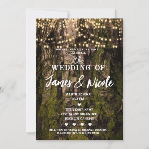 Mossy Tree Woodsy Forest Sparkle Lights Wedding Invitation