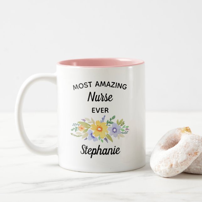 Most Amazing Nurse Ever Painted Floral Watercolor Two-Tone Coffee Mug (With Donut)