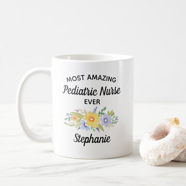 Most Amazing Nurse Ever Pretty Floral Watercolor Coffee Mug (With Donut)