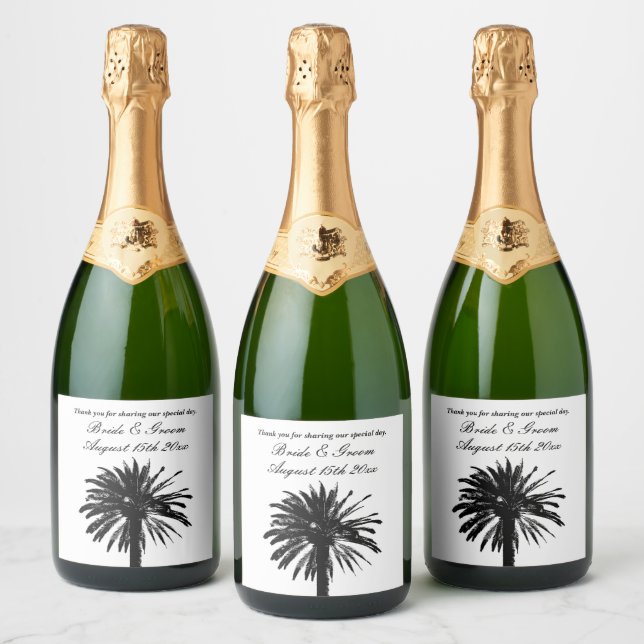 Most exclusive beach wedding palm tree silhouette sparkling wine label (Bottles)