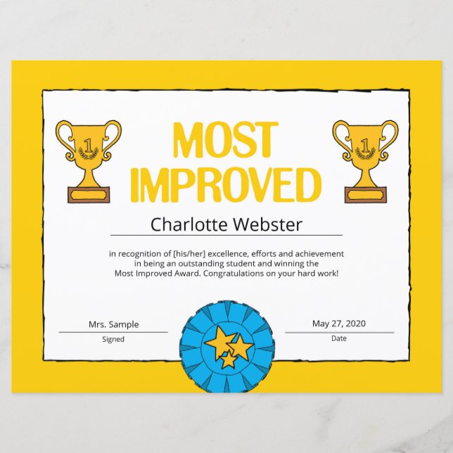 Most Improved Certificate Achievement Class Award (Front)